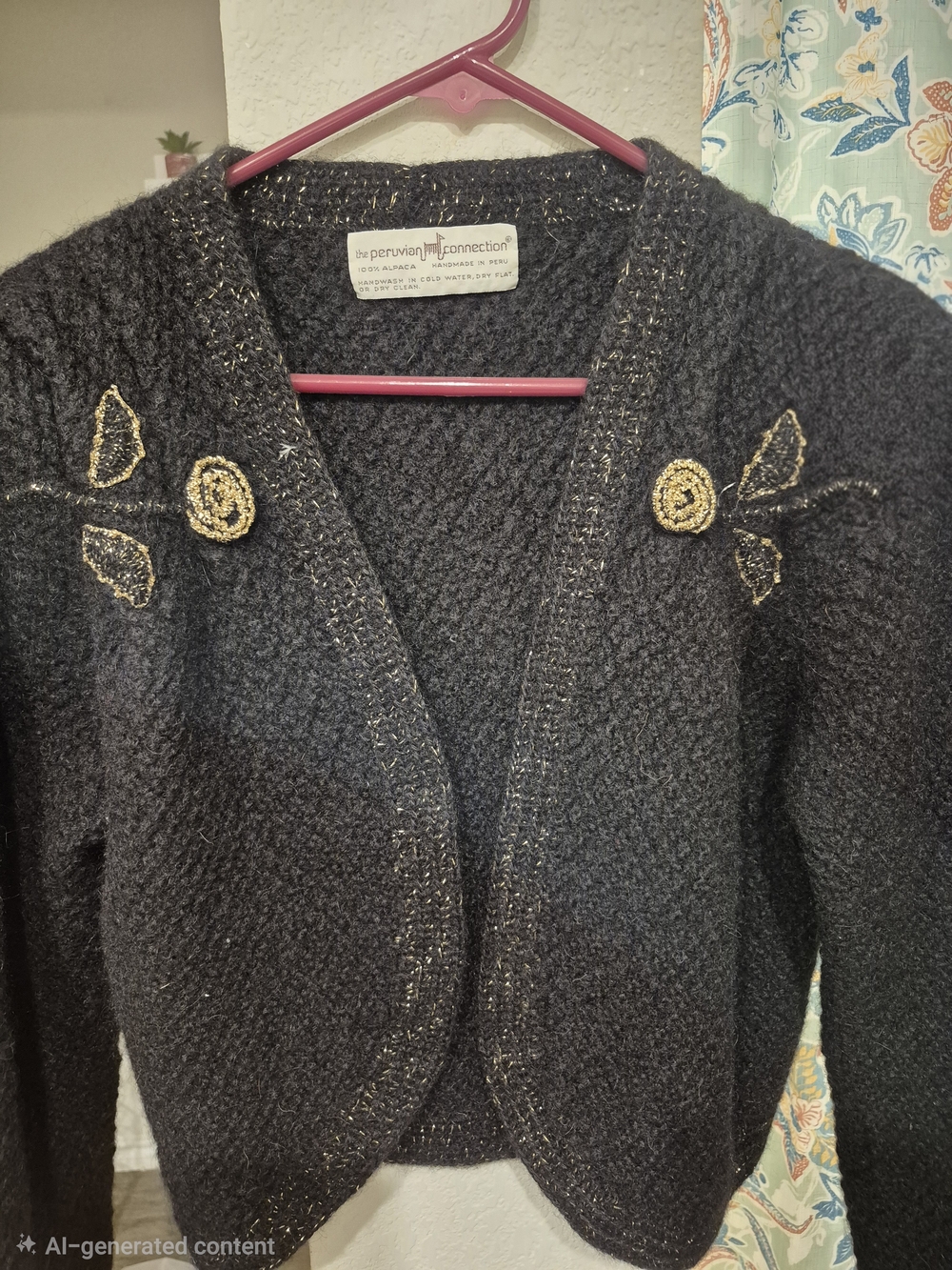 *VINTAGE* Peruvian Connection Black Cropped Knit Cardigan with Gold Embroidery
